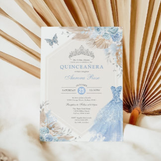 Silver Blue Boho Floral Quinceañera 15. Geburtstag Einladung