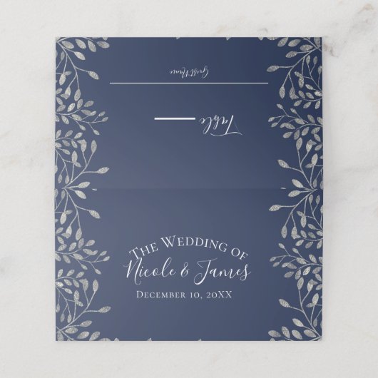 Silver & Blue Botanical Modern Wedding Table Sees Platzkarte (Außenseite Aufgefaltet)