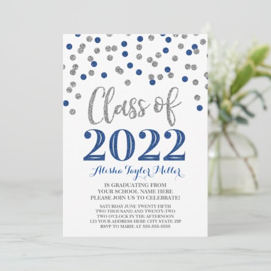Silver Blue Confetti Graduation Party 2022 Einladung (Stehend Vorderseite)