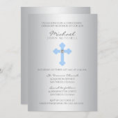 Silver Blue Cross Christening / Taufe Boy FOTO Einladung (Vorne/Hinten)