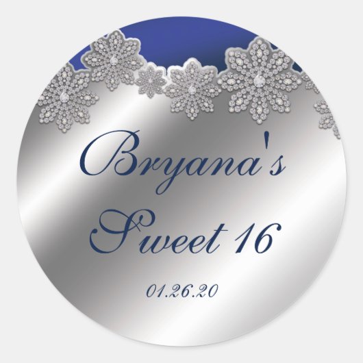 Silver & Blue Crystal Snowflake Winterkleber Runder Aufkleber (Vorderseite)