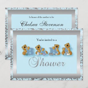 Silver & Blue Damask Teddy Bears   Babyparty Einladung