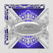 Silver & Blue Diamond Damask Quinceanera Einladung (Vorne/Hinten)
