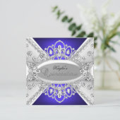 Silver & Blue Diamond Damask Quinceanera Einladung (Stehend Vorderseite)