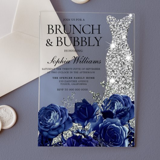 Silver Blue Dress Brunch & Bubbly Brautparty Acryleinladungen