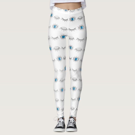 Silver Blue Evil Eye Eyelashes Nazar Mati Muster Leggings (Vorderseite)