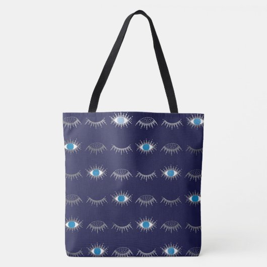Silver Blue Evil Eye Eyelashes Nazar Mati Muster Tasche (Vorderseite)