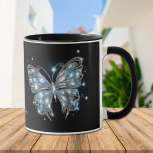 Silver Blue Fantasy Butterfly auf schwarz Tasse