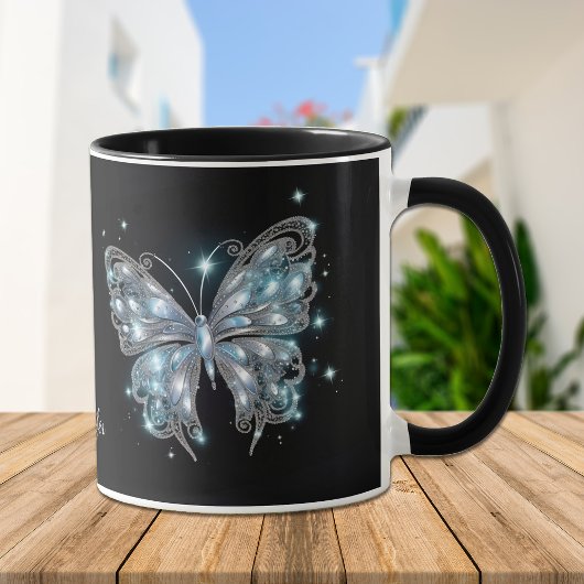 Silver Blue Fantasy Butterfly auf schwarz Tasse