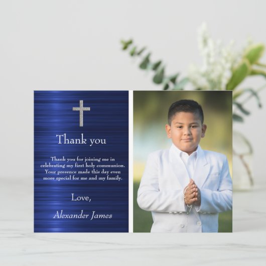 Silver Blue First Holy Communion Boy Danke (Stehend Vorderseite)