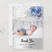 Silver blue floral Baptisse Foto Dankeschön Karte (Vorderseite)