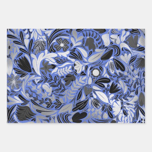 Silver Blue Floral Blätter Illustration Muster (Vorderseite)