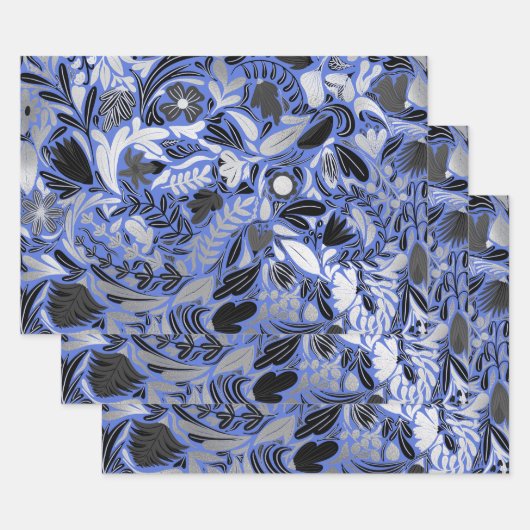 Silver Blue Floral Blätter Illustration Muster (Set)
