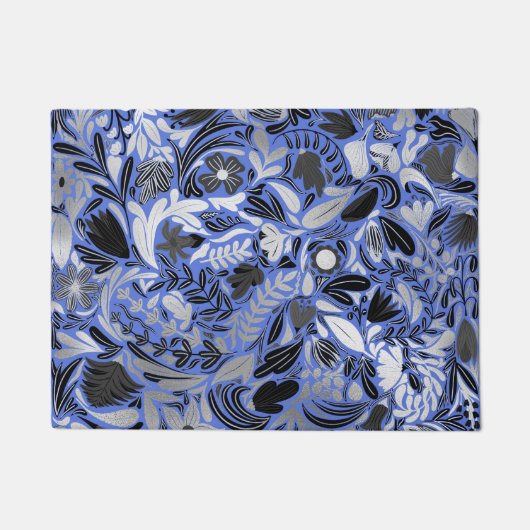 Silver Blue Floral Blätter Illustration Muster Fußmatte (Vorderseite)