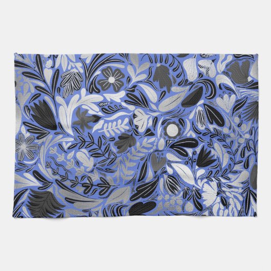 Silver Blue Floral Blätter Illustration Muster Geschirrtuch (Horizontal)