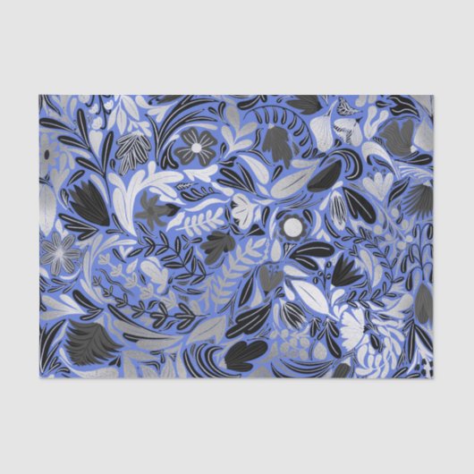 Silver Blue Floral Blätter Illustration Muster Seidenpapier (Vorderseite)