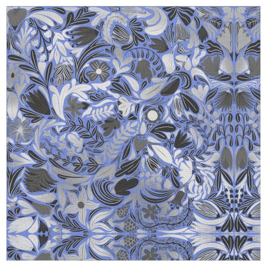Silver Blue Floral Blätter Illustration Muster Stoff (Nahaufnahme)