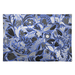 Silver Blue Floral Blätter Illustration Muster Stofftischset