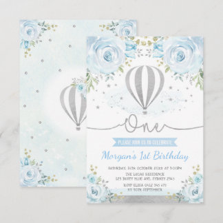 Silver Blue Floral Hot Air Ballon 1. Geburtstag Einladung
