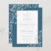 Silver Blue Floral Lace Save the Date Ankündigungspostkarte (Vorne/Hinten)