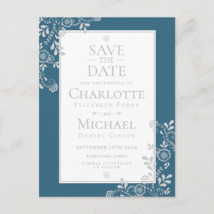 Silver Blue Floral Lace Save the Date Ankündigungspostkarte