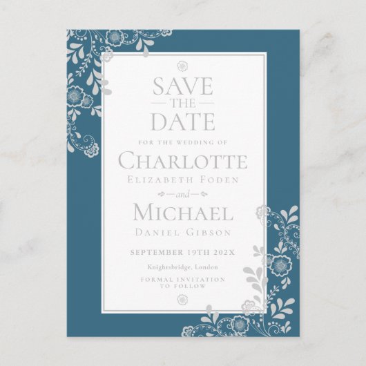 Silver Blue Floral Lace Save the Date Ankündigungspostkarte (Vorderseite)