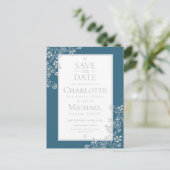 Silver Blue Floral Lace Save the Date Ankündigungspostkarte (Stehend Vorderseite)