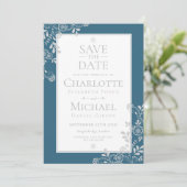 Silver Blue Floral Lace Save the Date Einladung (Stehend Vorderseite)