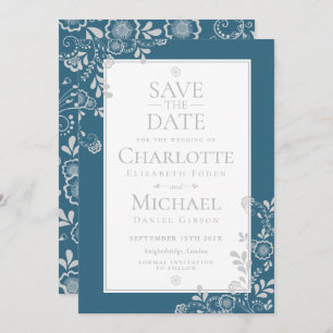 Silver Blue Floral Lace Save the Date Einladung