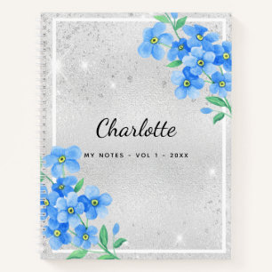 Silver blue floral name script notizblock