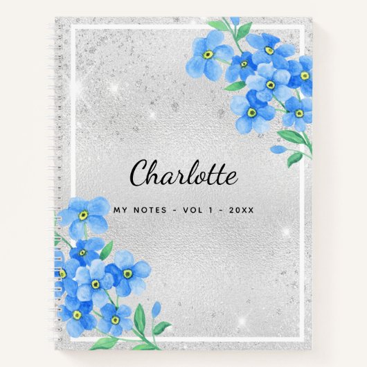 Silver blue floral name script notizblock (Vorderseite)