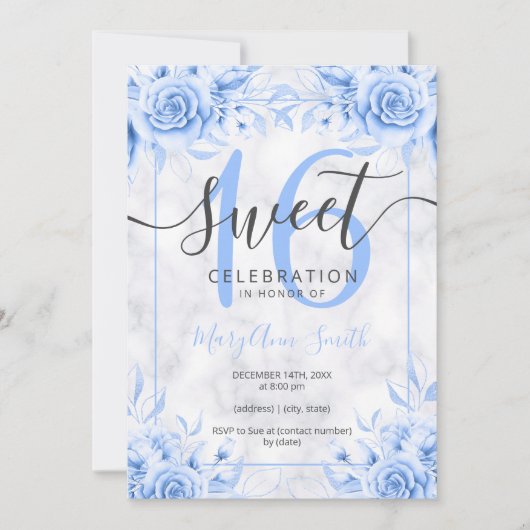 Silver Blue Floral Sweet 16 Marmor Glitzer Einladung (Vorderseite)