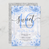 Silver Blue Floral Sweet 16 Marmor Glitzer Einladung (Vorne/Hinten)