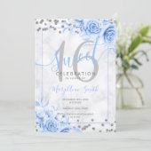 Silver Blue Floral Sweet 16 Marmor Glitzer Einladung (Stehend Vorderseite)