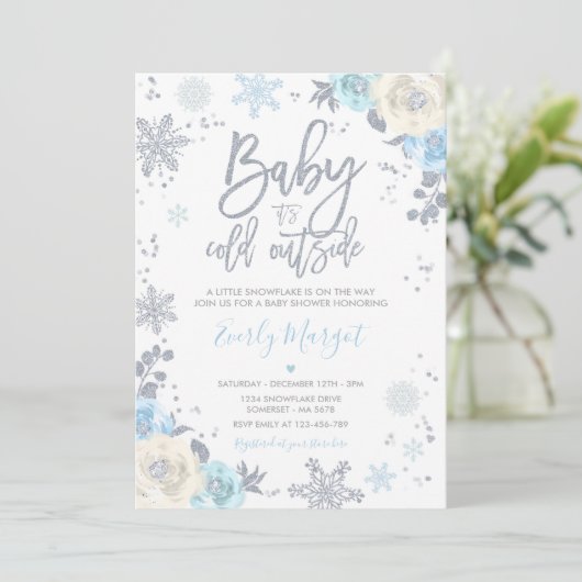 Silver & Blue Floral Winter Baby Showflake Einladung (Stehend Vorderseite)