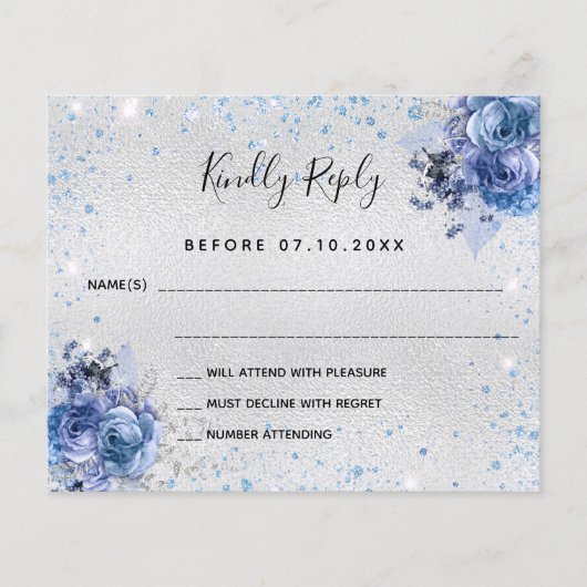 Silver Blue Florals Budget Hochzeit RSVP Flyer (Vorne)