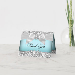 Silver Blue Glitter & Jewel Bow Thank You Card Dankeskarte