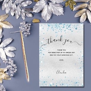 Silver blue glitter thank you card dankeskarte