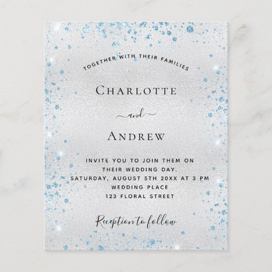 Silver Blue Glitzer Budget Hochzeitseinladung Flyer (Vorne)
