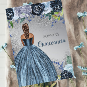Silver Blue Glitzer Dress Quinceañera Quince Einladung