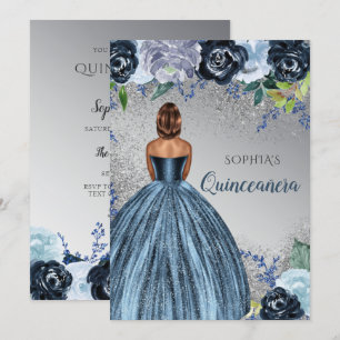 Silver Blue Glitzer Dress Quinceañera Quince Einladung