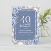 Silver Blue Glitzer Floral 40. Geburtstag Einladung (Stehend Vorderseite)