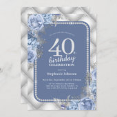Silver Blue Glitzer Floral 40. Geburtstag Einladung (Vorne/Hinten)