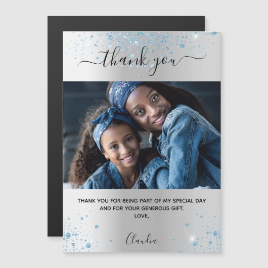 Silver Blue Glitzer Foto danke Magnet (Vorne/Hinten)