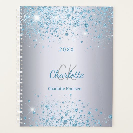 Silver blue Glitzer name monogram 2026 Planer (Vorderseite)