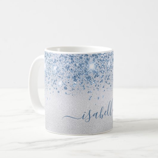 Silver Blue Glitzer Name Skript Kaffeetasse (Vorderseite Links)