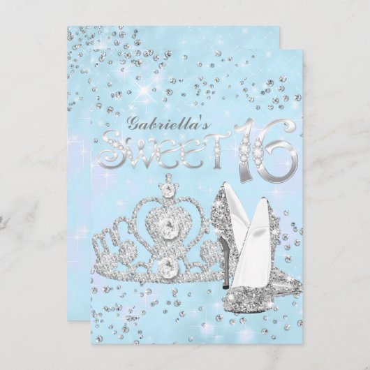 Silver Blue Glitzer Tiara & Heelses Sweet 16 Einla Einladung (Vorne/Hinten)