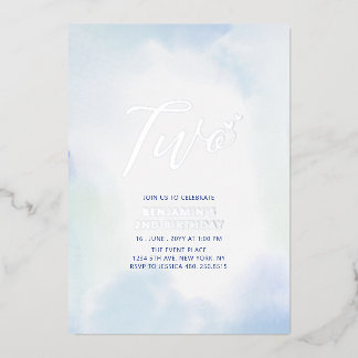 Silver & Blue Heart 2. Junge Geburtstagsparty Folieneinladung