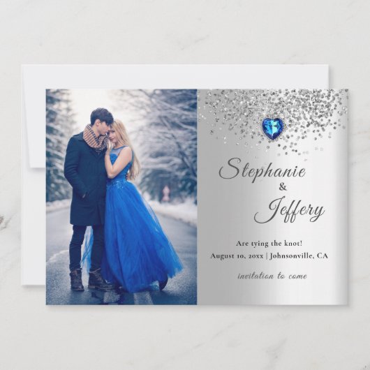 Silver Blue Heart Glitzer Save the Date Card (Vorderseite)