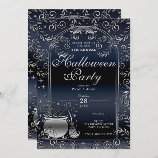 Silver Blue Hexchy Magic Whimsical Halloween-Party Einladung (Vorne/Hinten)